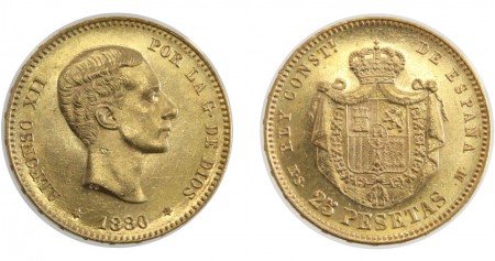 315 eur 25 pesetas 1880 18*80 Alfonso XII oro 900 peso 8,06 gr